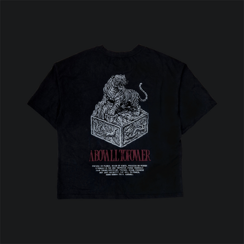Apex Tiger oversized street t-shirt back image.  "prevail or plunge, reign or kneel, possess or perish 
struggle is the only reprieve. forge yourself. 
pain trains discipline, prevail, reign, possess
not just an outfit, the will to power. "