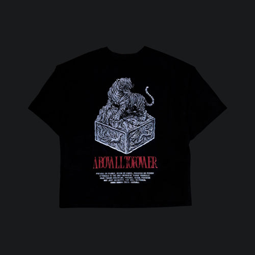 Apex Tiger oversized street t-shirt back image.  "prevail or plunge, reign or kneel, possess or perish 
struggle is the only reprieve. forge yourself. 
pain trains discipline, prevail, reign, possess
not just an outfit, the will to power. "